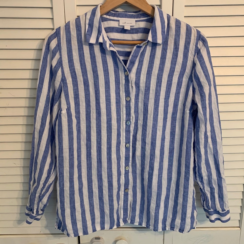 J. Jill Love Linen Button Down Shirt Womens M Blue White Striped Long Sleeve